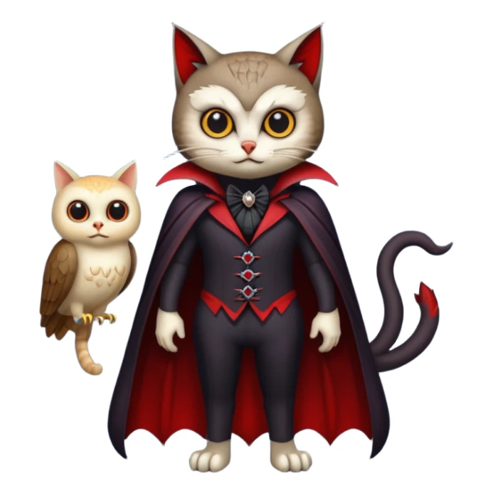 A animal with a Owl body cat head and tail full body vampire suit sticker
