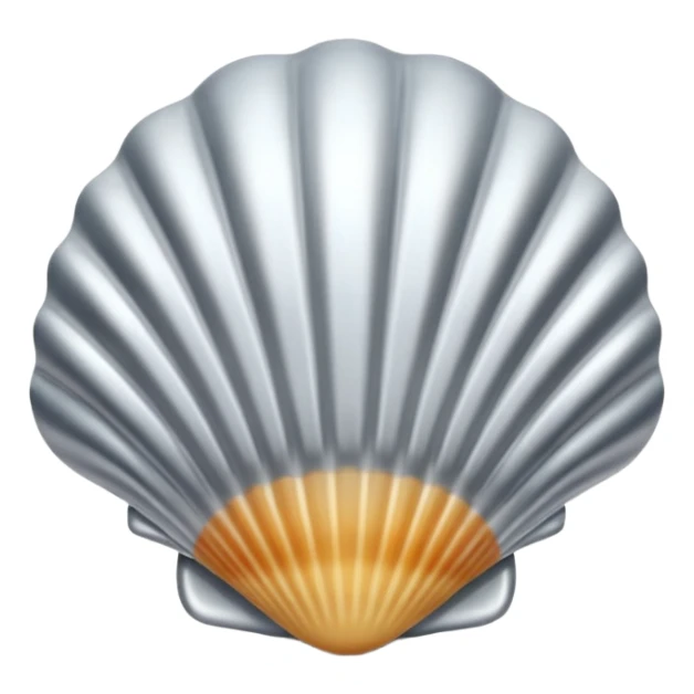 A seashell emoji made of polished silver chrome, smooth curved surface, reflective metallic highlights, elegant minimal design, iOS emoji style, centered, clean white background, soft lighting sticker