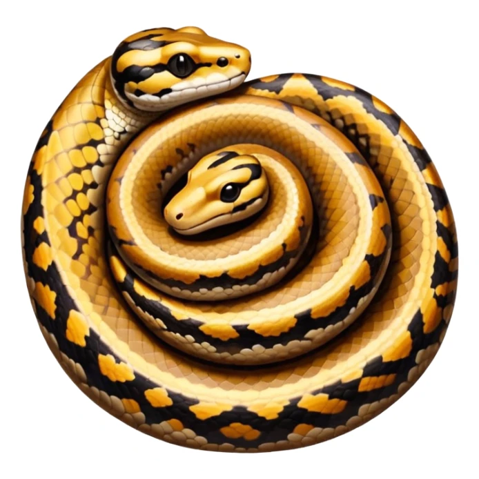 A photo-realistic top-down view of a Ball Python gently coiled into a tight spiral, with its head resting peacefully at the center. Its scales are warm brown with bold, irregular black markings, including the distinctive “alien-head” pattern, flowing smoothly along its body.  sticker