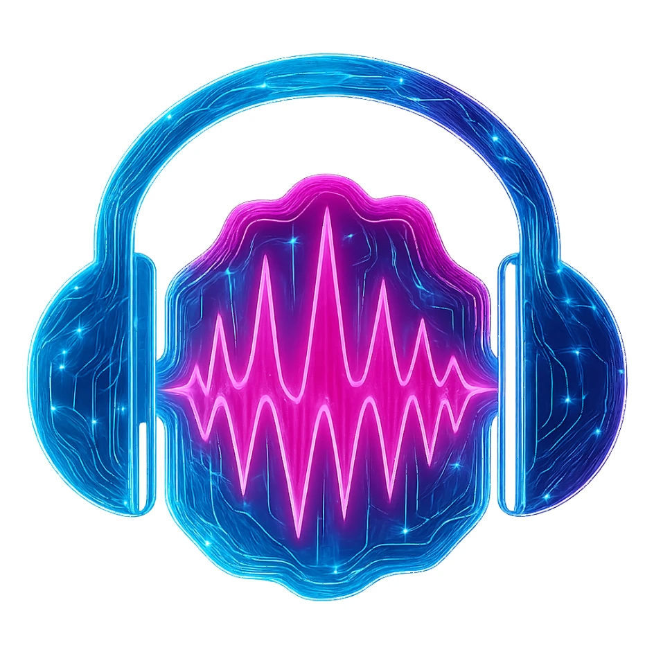 Transform the Audacity logo into a cyberpunk, holographic style with glowing neon blue and pink edges. Add intricate circuit patterns throughout the headphones and waveform, maintaining the recognizable shape of the headphones and waveform. Overlay neon and circuit effects in a futuristic, clean cyberpunk style with a consistent glow and intricate circuit details. The background should be transparent to highlight the holographic neon effect. sticker