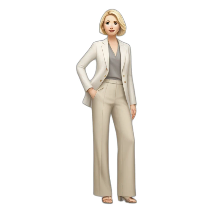 Full height Actively gesturing with hands pale skin woman with ash blonde Straightened bob Hair, White Spacious classical jacket, beige palazzo Arrow pants and gray blouse sticker