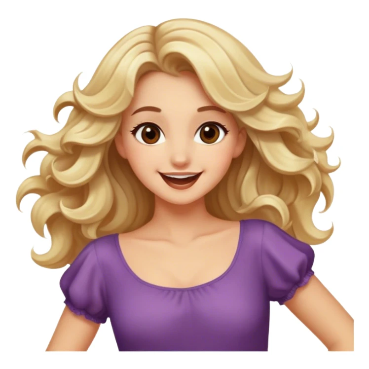 Pretty blonde model, brown eyes, soft wavy hair, happy dance sticker