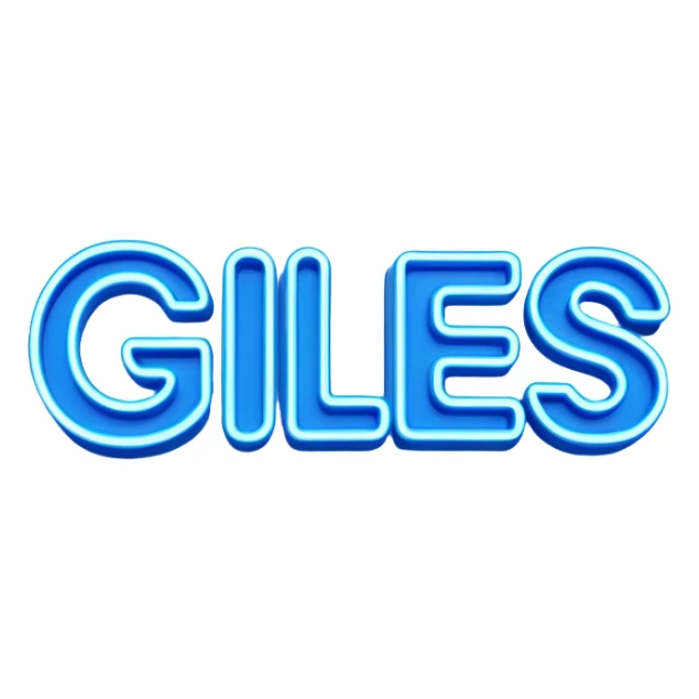 Blue neon sign with the word Giles sticker