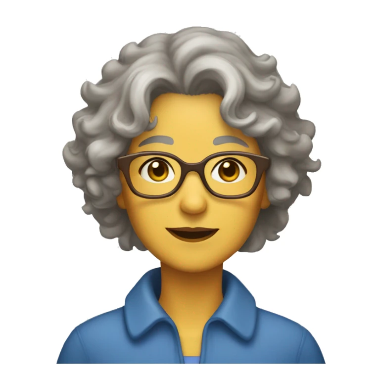 a 60 year old lady with short messy, curly, grey hair, blue glasses, light brown skin, dark brown eyes, and a yellow shirt sticker