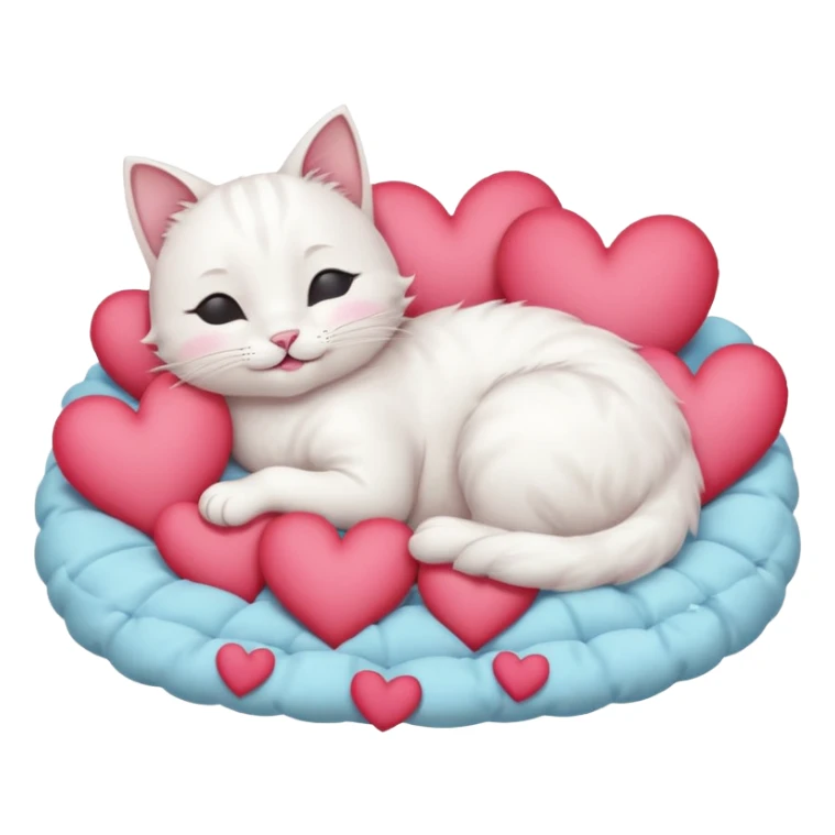 White Smiling cat sleeping in a bed full of hearts sticker