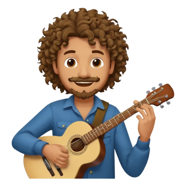 Generate a dude with curly hair and a shitty goatee who is high on marijuana playing the guitar and twisting a strand of his hair sticker