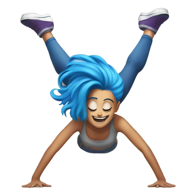Girl doing a head stand with blue hair,and a crazy style smiling sticker