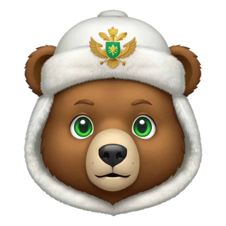 Minimalist cute brown bear head with green eyes, wearing white ushanka hat with simplified Russian double-headed eagle coat of arms, iOS emoji style sticker