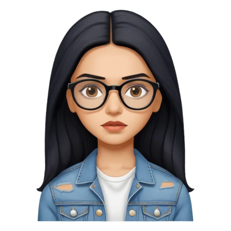 generate a pretty bratz emoji 
Make her wear a white dress with a denim jacket over it.long  black hair side part 

She should look exactly  like Deepika padukone! wearing tiny rectangular spectacle, looking sad sticker