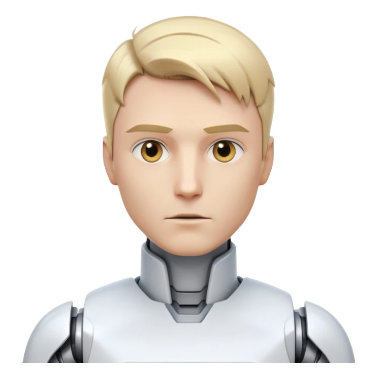 Male robot with short blond hair, sharp jawline, intense eyes, white tech clothing, neutral expression, futuristic assistant sticker