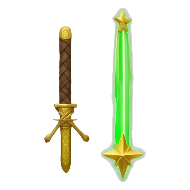 A mix Wood and Golden neon green star by side a Sword sticker