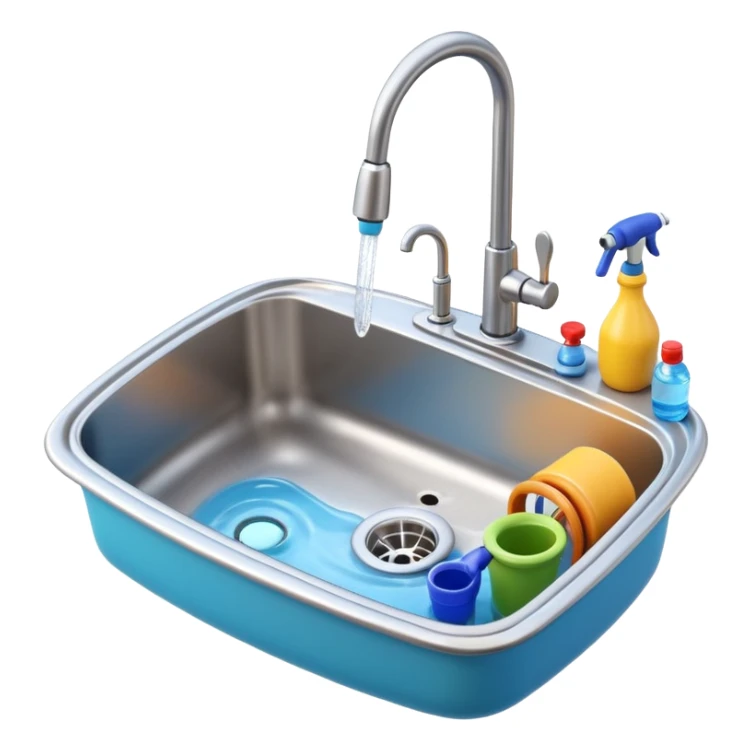 3D Pixar-style kitchen sink with a faucet and water running, some plumbing tools nearby, bright clean look, realistic but colorful, isolated on white

 sticker