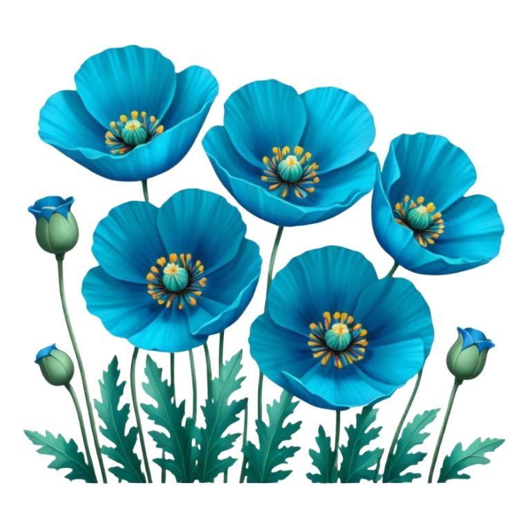 Hyperrealistic vivid, bold bright, ultra detailed, rendering field of all Himalayan blue turquoise Poppies, still life, mirco-detailed, 16k, 600 dpi sticker