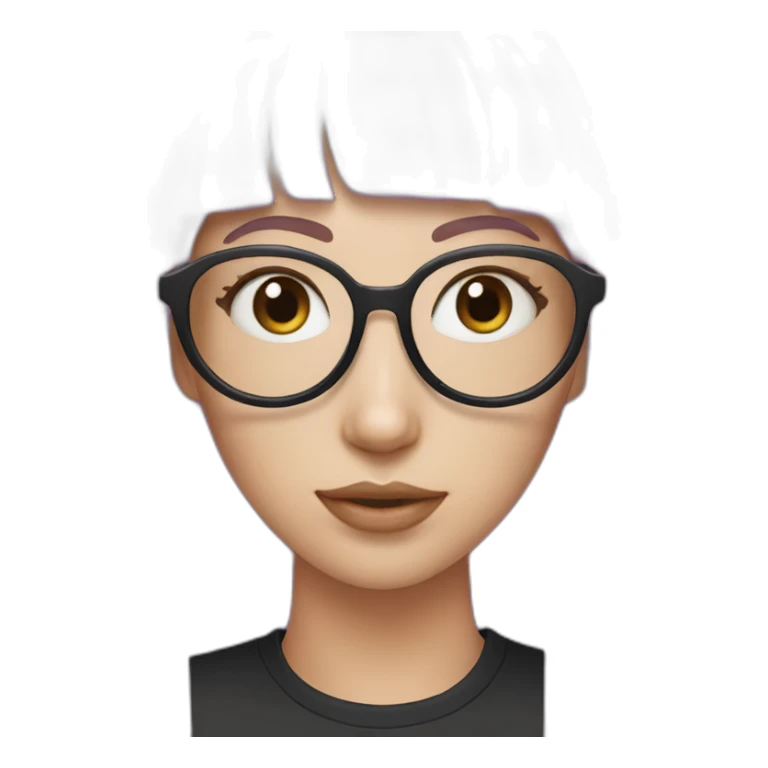 White girl with light purple hair with Ponytail and Split bangs in 3 and rounded frame pastel pink glasses and pastel blue with a black shirt sticker