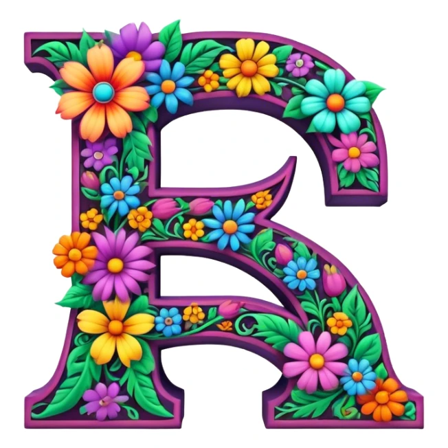 3D, gothic style psychedelic colored capital Letter S with hippie style flower border sticker
