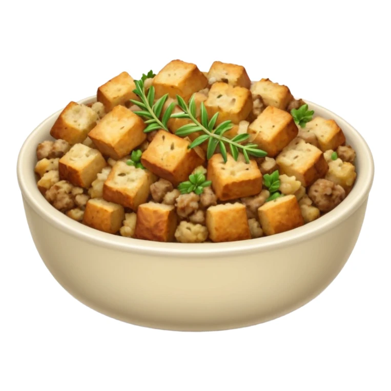 a bowl of stuffing with visible herbs, simple, clear sticker