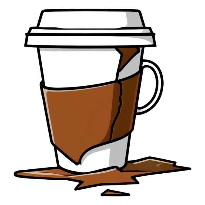 broken coffee cup with cracks and spilled coffee sticker