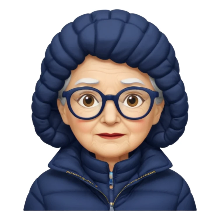 old wo man in navy puffy winter coat, wearing glasses sticker