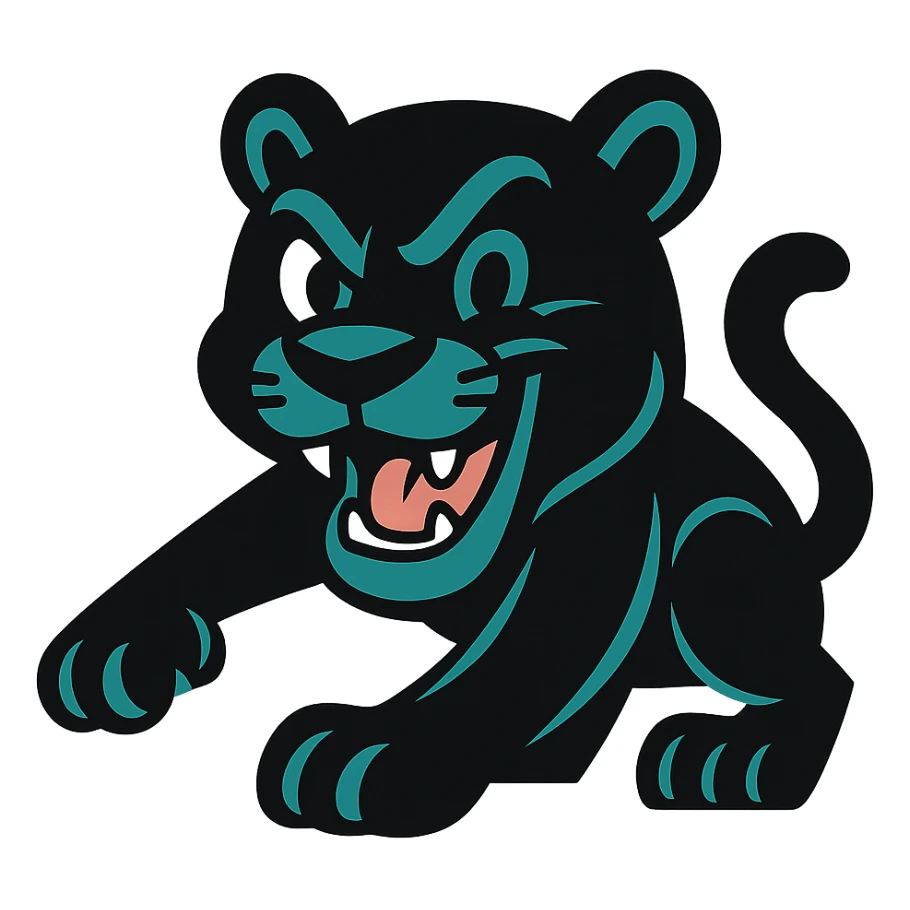 cartoon panther inspired by Penrith Panthers, playful expression, black fur, teal accents, mascot style sticker
