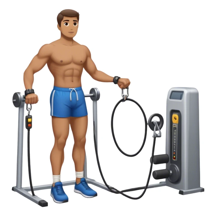 guy standing next to cable-machine with cable tied to ankle-cuffs for leg-side-raise exercise sticker