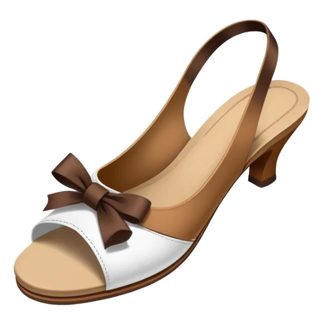 white steeleto slingback sandle with thin brown ribbon on brown shoe toe sticker