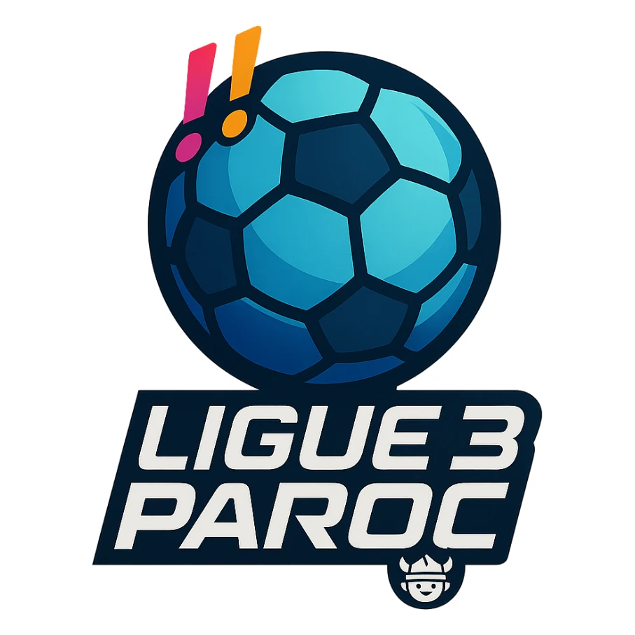 Le logo présente un ballon de football moderne, stylisé en forme de globe digital . Deux points d’exclamation "!!" dynamiques, en biais et colorés, sont placés en haut à gauche du ballon comme un emblème, évoquant l’intensité et l’enthousiasme de la ligue.

En dessous, le nom "Ligue 3 Paroc" est écrit en lettres audacieuses, avec une typographie sportive mais légèrement futuriste. Le mot "Paroc" est accompagné de son emblème discret (viking enfant) sticker