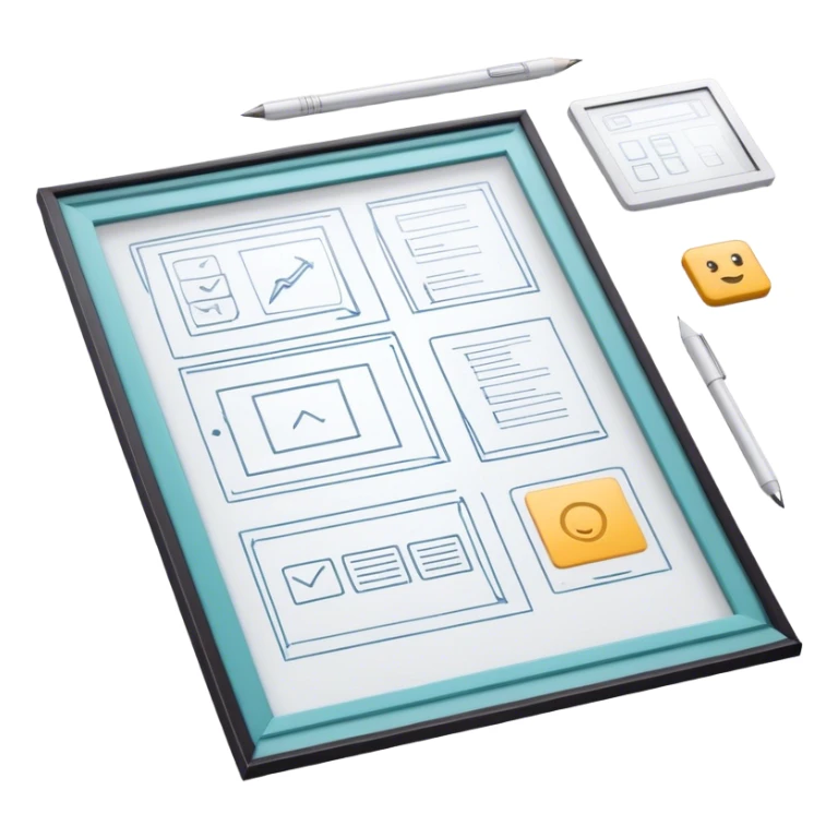 Create an emoji for UX/UI design. Show wireframe sketches or design mockups with interface elements like buttons, sliders, and icons, symbolizing the design process. Use modern, professional colors. Do not include any emojis or smiley faces. Make the background transparent. sticker
