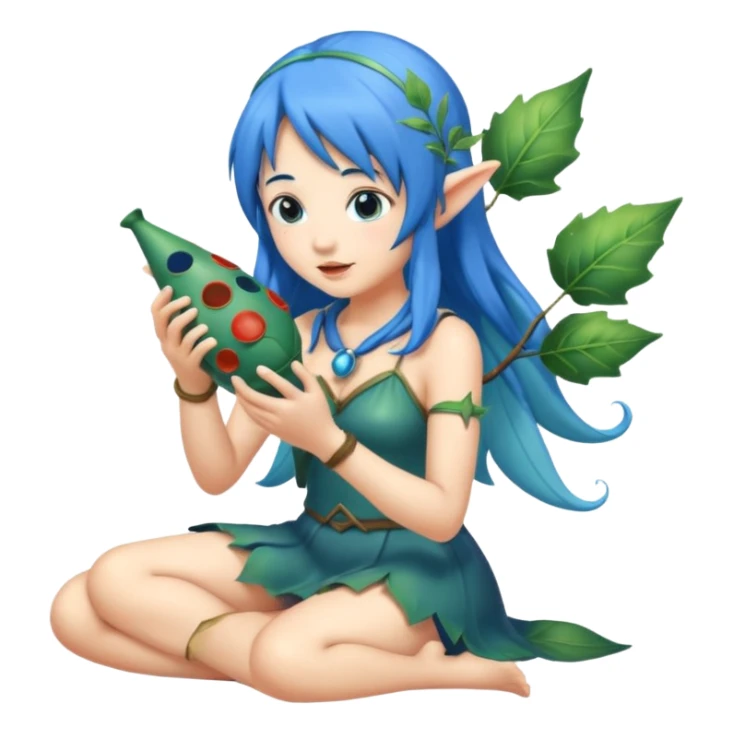 forest fairy woman with blue hair playing leaf-shaped ocarina sticker