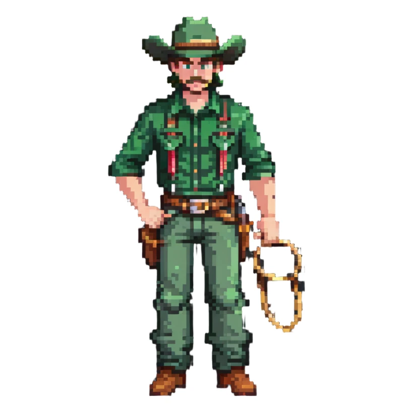 Cowboy character with green shirt, pants, and hat, holding a lasso sticker