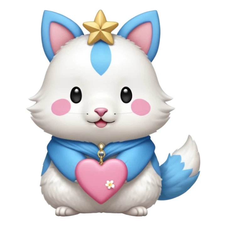 GENERATE ME A MOMONGA WHITE ANIMAL  FROM CHIIKAWA AND PUT A SAKURA FLOWER ON HIS HEAD AND A STAR PELT ON HIS BELLY AND A HEART PURSE ON HIS ARM WITH HIS FACE MAKE HIS TOUNGE STICK OUT WITH A LITTLEPINCH OFDROOL AND MAKE HIM ANIME STYLED ART GIVE HIM A BIG BLUE FLUFFY TAIL sticker