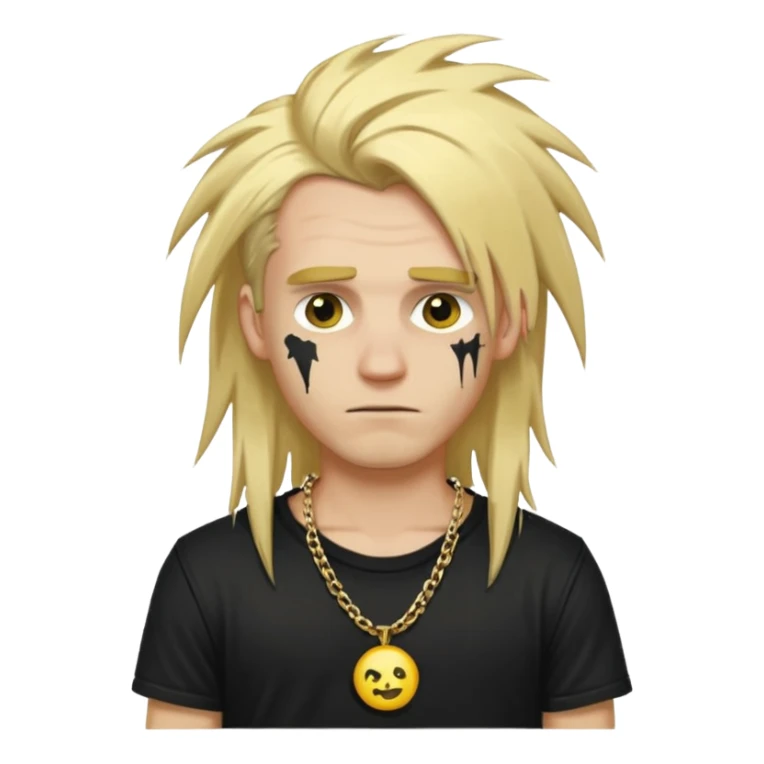 make a iphone emoji who is a white man that looks punk with messy blonde long hair with a black punk shirt and a golden neckless sticker