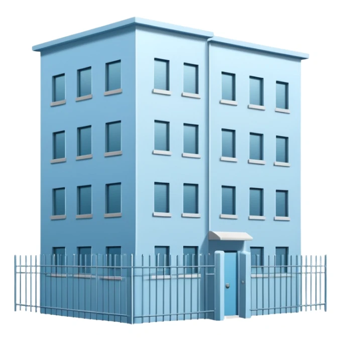 light blue rectangular 9-story apartment building surrounded by fence, closed courtyard, minimal flat vector icon, friendly clean design sticker