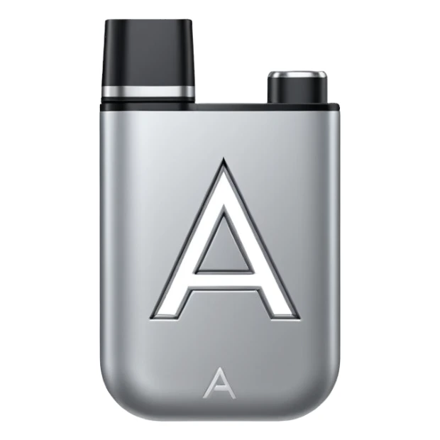 Minimalist vector letter A logo, designed as a sleek vape pod system. Metallic, geometric, clean lines. Transparent background. sticker
