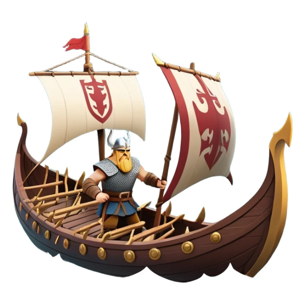 clash-of-clans-aesthetic_-cinematic-viking-longboat, rendered in a flat, bold vector style with minimal shading, featuring a striking dragon-headed prow slicing through waters. shields on the side and vikings rowing The longboat’s, the boat has carved motifs evoke a sense of epic adventure and Nordic might, with billowing sails catching a dramatic, stormy sky backdrop. sticker