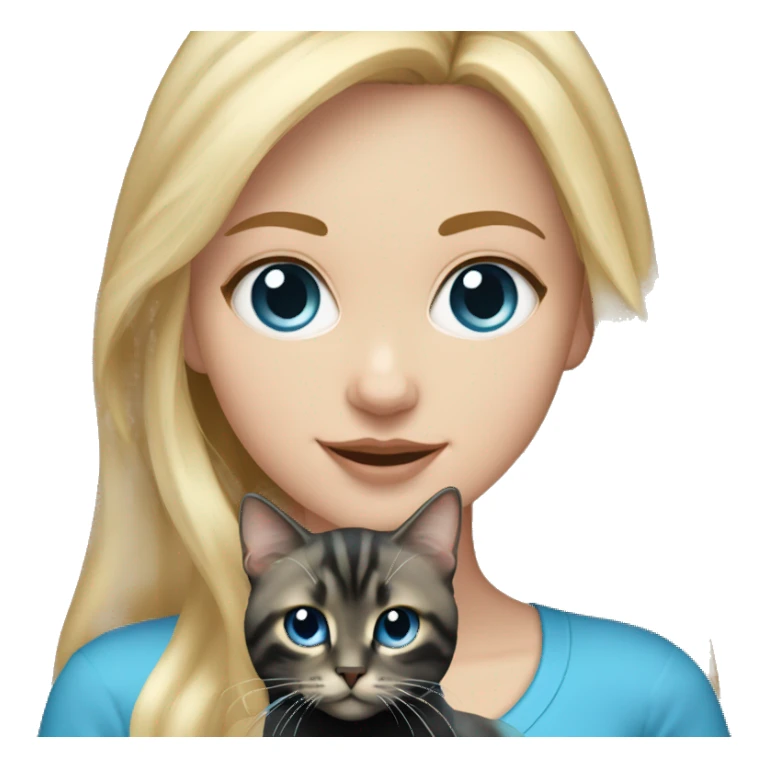 White girl, long blonde hair, blue eyes holding a black tabby cat sticker