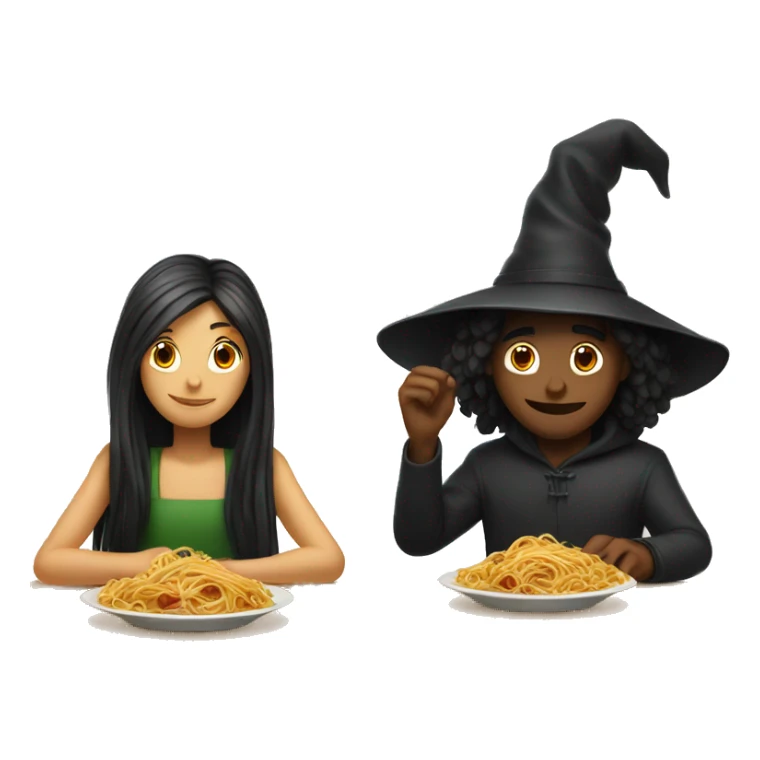 one girl and one guy sitting at a table witch spaghetti  sticker