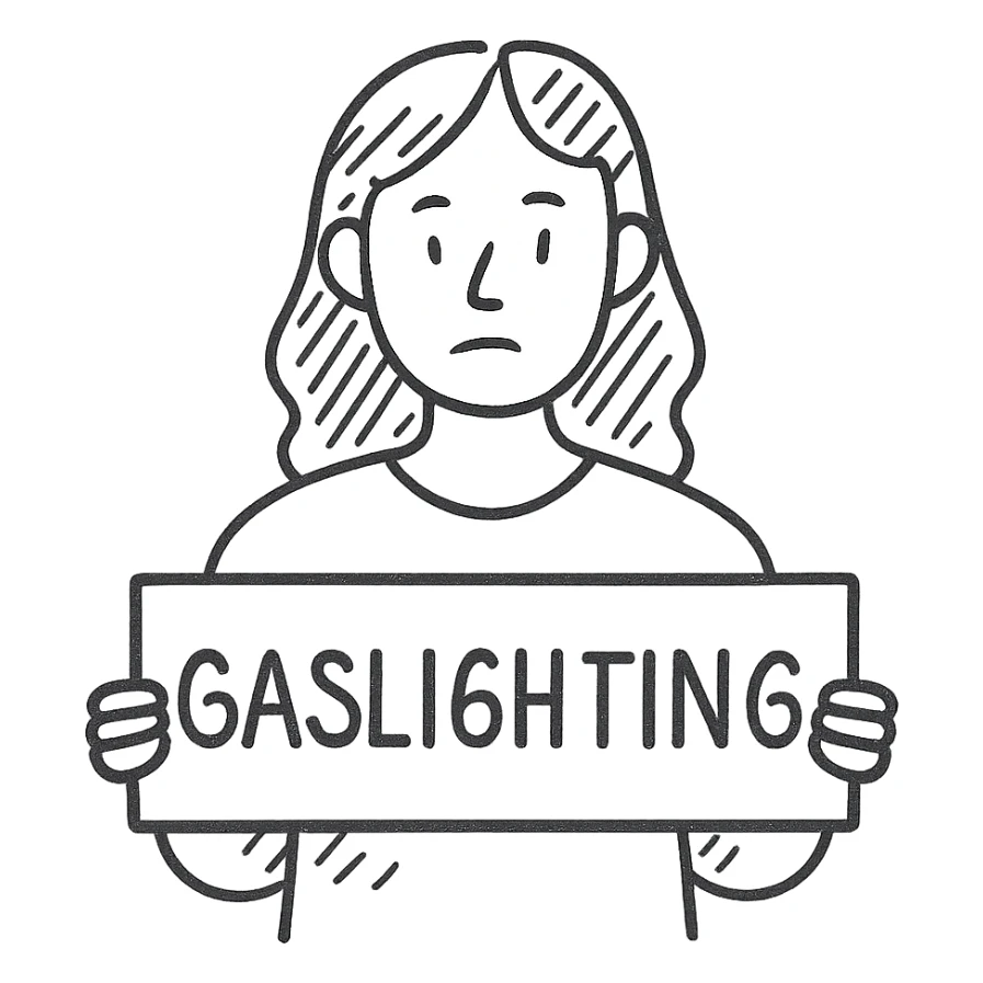 hand-drawn sketch style black and white woman holding a 'Gaslighting' sign sticker