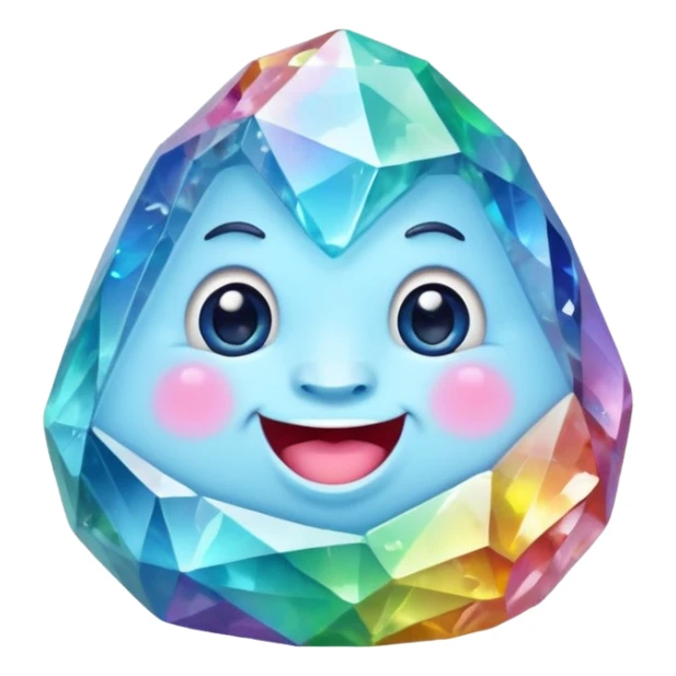 A single pastel rainbow crystal rock character, chubby and heavy with a chunky, irregular polygon shape, not egg-shaped, covered in faceted crystal planes and small chips, soft blue face carved into the rock, big glossy rainbow eyes and a small smiling mout sticker
