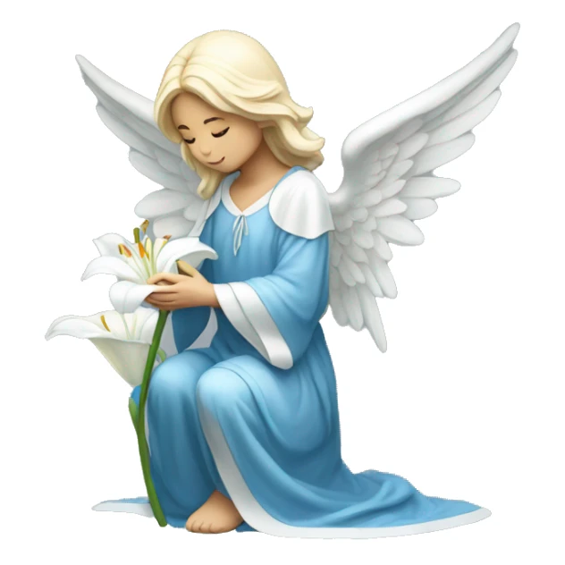 Angel in blue robe kneeling holding white lily sticker
