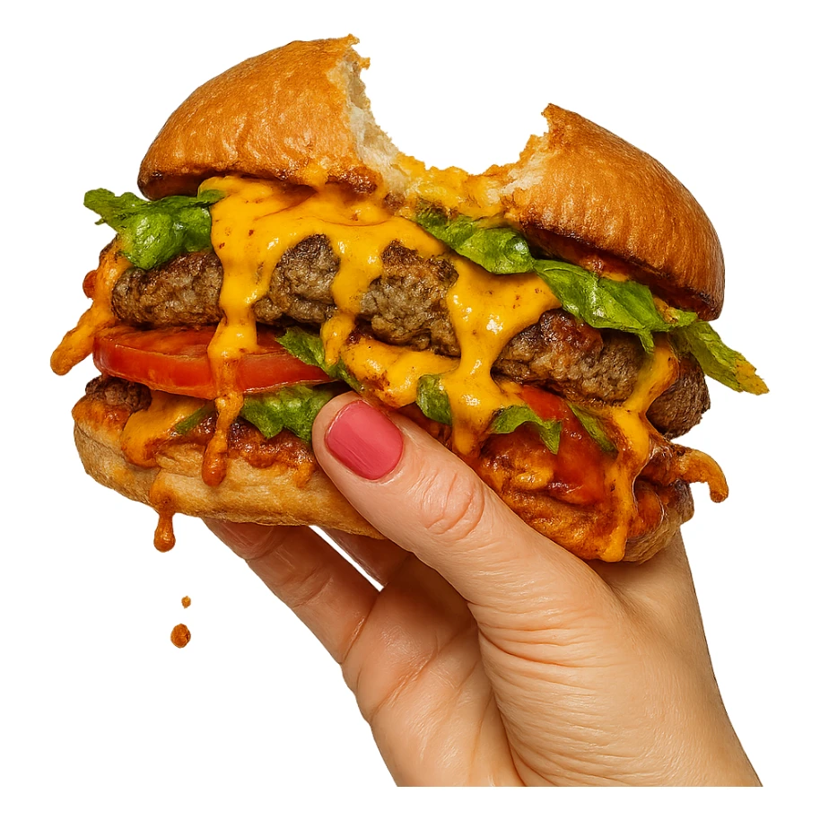 a messy sandwich with a bite taken out, hand with pink fingernails holding it sticker