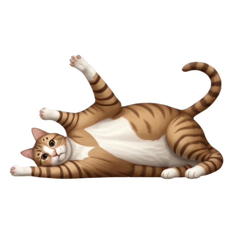 brown tabby and white cat with doing a big extremely long stretch reaching up into the air with arms and legs side by side together straight and overextended whilst lying on its side sticker
