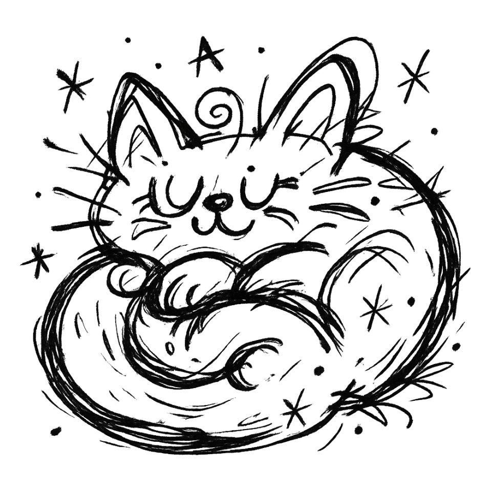 chaotic outlined icon of a cute cat curled up and purring, with exaggerated, whimsical features sticker