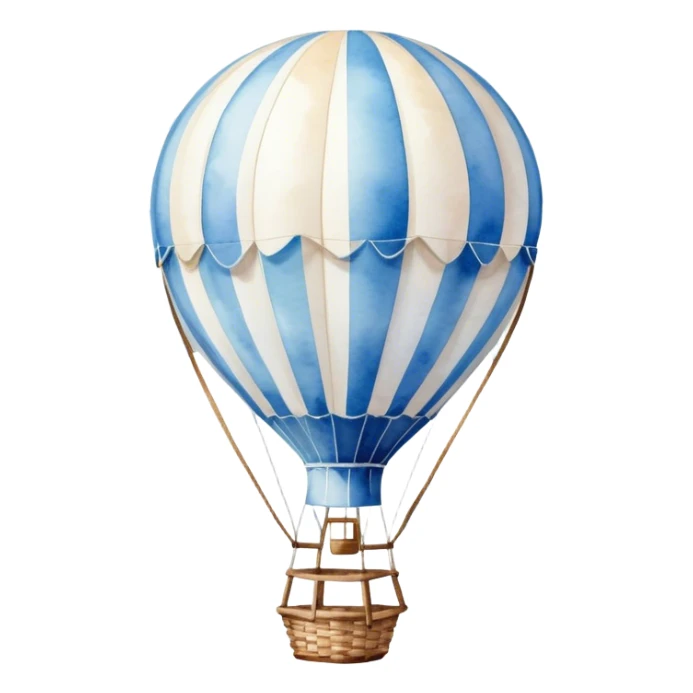 "A dreamy hot air balloon with blue and white stripes, floating among soft clouds, watercolor aesthetic."
 sticker