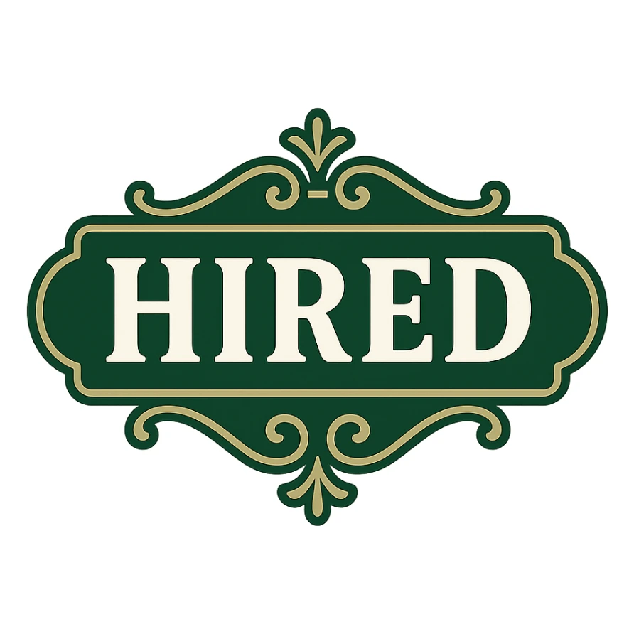 hired text logo, classic look, green gold and white color scheme, elegant lines, decorative details, no background sticker