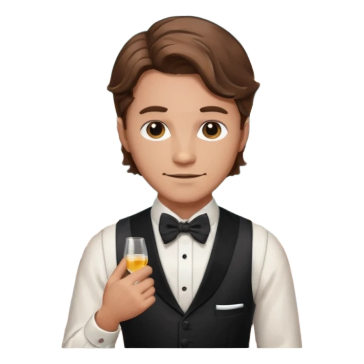 a bartender man with bow tie and vest, having brown wavy hair and tattoo 















 sticker