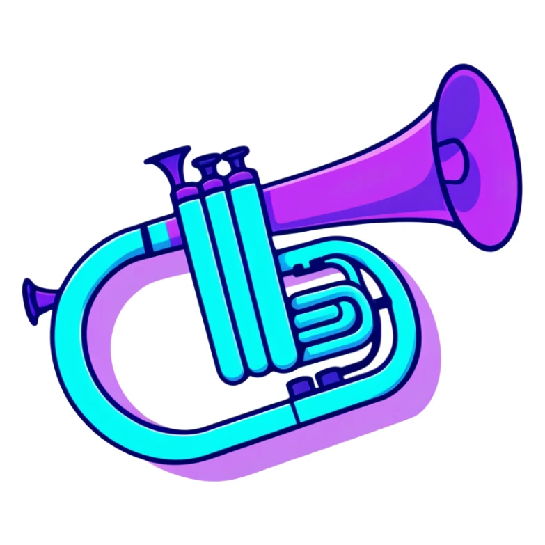 trumpet horn with neon glow effect, blue neon glow on top left, purple neon glow on bottom right sticker