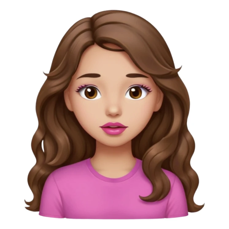 girl with long wavy brown hair, brown eyes, light to medium complexion, in a pink shirt, pink lips, long lashes, puckering up for a kiss, kiss lips sticker