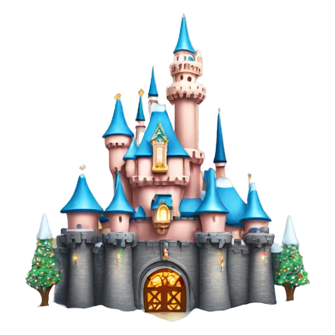 Disneyland park castle with snow and Christmas lights and other decorations on it sticker
