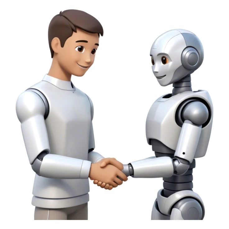 Futuristic emoji: a man and a humanoid robot shaking hands in a friendly manner. The man is smiling, and the robot looks friendly. Minimalistic background, 3D style, realistic details sticker