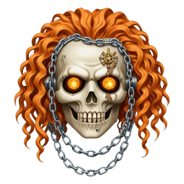 steam punk Megadeth - pinhead corpse made of rusty metal with chains on its teeth, huge curly orange hair sticker